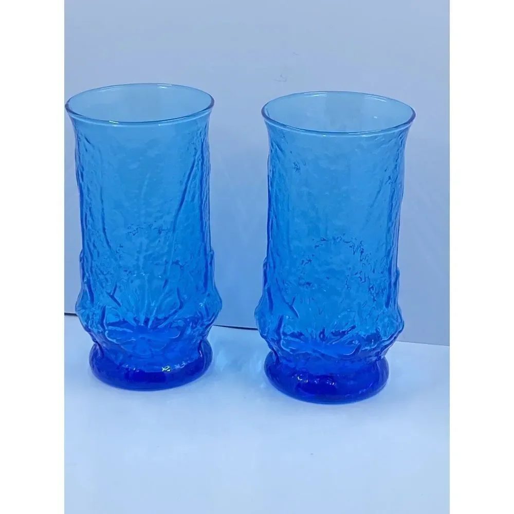 Vintage Anchor Hocking Blue Rain flower 12 oz Glass Tumblers 5 1/2